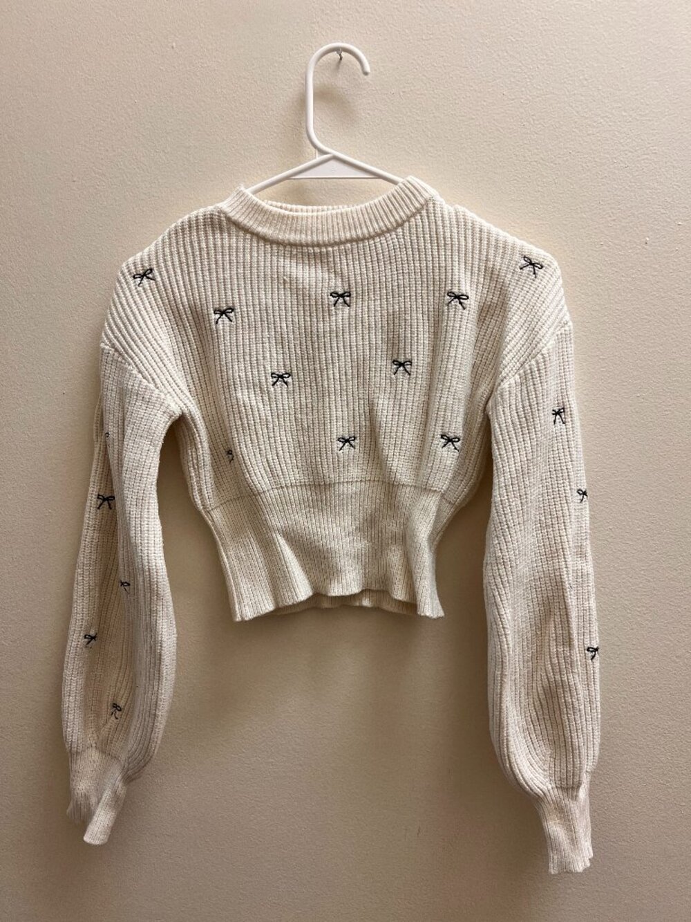 Altar’d State Cream Bow Embroidered Cropped Sweater